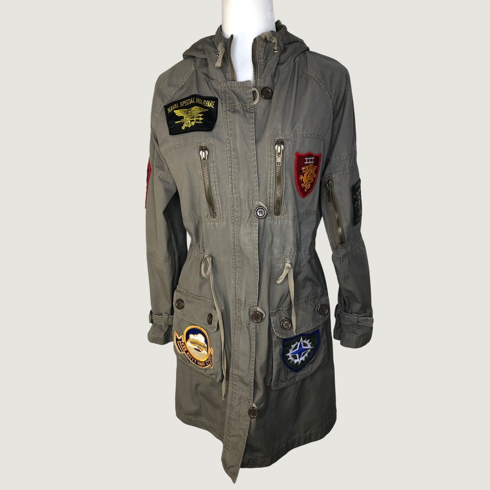 Premium Surplus Womens Mod Military Jacket S Olive Green Patches Utilitarian